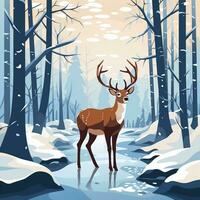 Winter Forest Deer. Flat Style Illustration in Blue and Brown colors photo