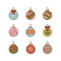 Vector set of Christmas Ornaments in Retro style. 9 elements for Christmas Tree Decor. Xmas illustrations for web compositions and for print