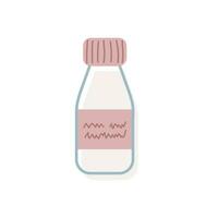 Pink medicine bottle with a label and a scrawl. Isolated vector illustration of vial for tablets, capsules, vitamins or syrup. Element of medical and pharma concept