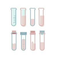 8 vector científico y médico laboratorio prueba tubos ilustraciones. un vacío botella con escala y viales con líquido y sangre, tubos con y sin un tapa. aislado plano elementos