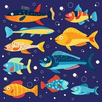 Multicolor collection of oceanic animals in stylization, underwater. Colorful set of marine animals, fish on blue background, isolated. vector