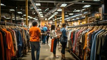 compradores hojeada mediante ropa bastidores y estantería en un Tienda foto