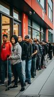 Long lines of people waiting outside a store before open photo