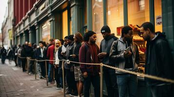 largo líneas de personas esperando fuera de un Tienda antes de abierto foto