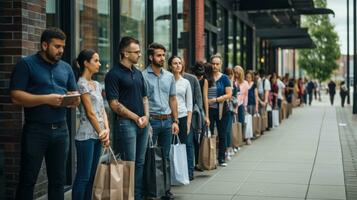 Long lines of people waiting outside a store before open photo