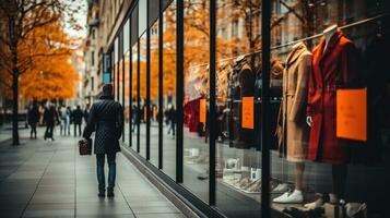 descuentos y rebaja señales desplegado en frente de un Tienda ventana foto