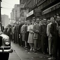 largo líneas de personas esperando fuera de un Tienda antes de abierto foto