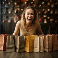 Hands holding multiple shopping bags with big smiles on faces photo