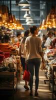 Shoppers browsing through clothes racks and shelves in a store photo