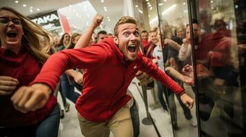 Excited customers rushing into a store with sale signs photo