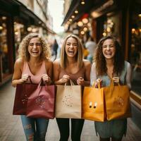 manos participación múltiple compras pantalones con grande sonrisas en caras foto