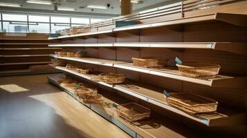 Empty shelves with sale signs in a grocery store photo