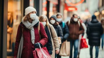 Crowded malls with shoppers holding bags and wearing masks photo