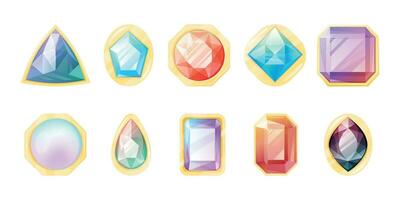 Set of cartoon vector multi-colored faceted gemstones of different shapes in a gold setting.