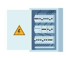 Electrical panel with switches, fuse, contactor, wire, automatic circuit breaker. Stainless steel switchboard box. Power distribution device. Vector illustration.