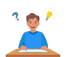 Happy boy with his laptop having a good idea. Elementary school pupil. Question mark and light bulb. A schoolboy found a solution to an assignment. Vector illustration.