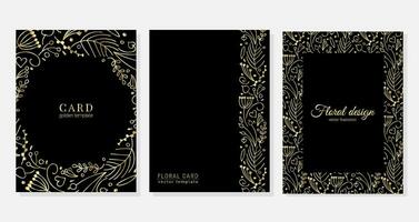 Set of vector cards with hand drawn gold botanical design of small twigs, flowers, berries in doodle style