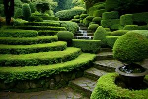 Fountain paths bushes plants. Generate Ai photo