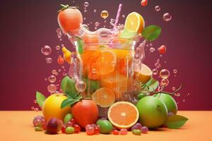 Refreshing Fresh 3d juice glass. Generate Ai photo