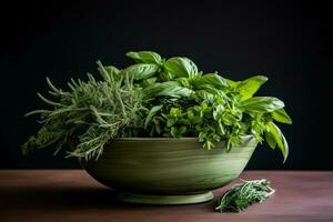 Vibrant Fresh herbs bowl. Generate Ai photo