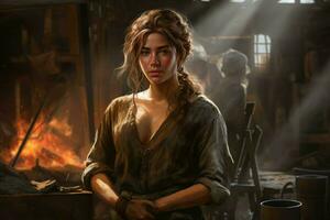 Fiery Blacksmith woman workshop forge. Generate Ai photo