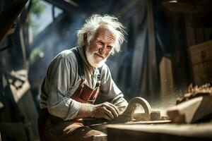 Hardworking Carpenter old man sawmill. Generate Ai photo