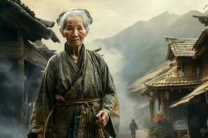 Resilient Chinese village old woman work. Generate Ai photo