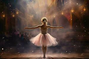 Graceful Ballerina small girl theater stage. Generate Ai photo