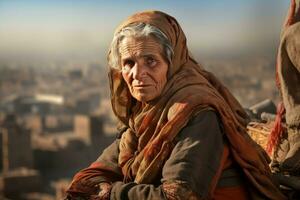 Lively Person old woman egyptian city. Generate AI photo