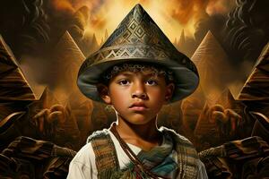 Inquisitive Aztec child boy old pyramid. Generate AI photo