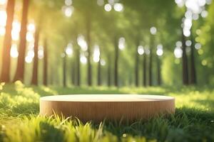 An Empty Rustic Round Wood Pedestal On A Grassfield Premade Photo Mockup Background
