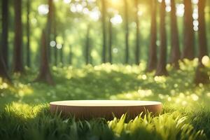 An Empty Rustic Round Wood Podium On a beautiful forest Premade Photo Mockup Background