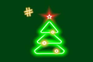 Neon image of a glowing Christmas tree with a hashtag sign. Marry Christmas and Happy New Year. Sign vector