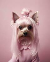 Yorkshire Terrier dog with pink hair on a pink background. photo