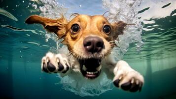 Portrait of happy dog in swimming pool with splashes of water. AI Generated photo