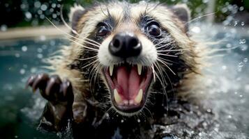 Raccoon close-up in the pool. Blur, bokeh effect. Portrait of a wet raccoon with an open mouth. AI Generated photo