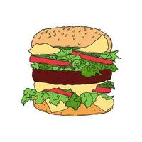 Burger hamburger hand drawn contour colored, bun with meat cutlet, lettuce, cheese and tomato slices. vector