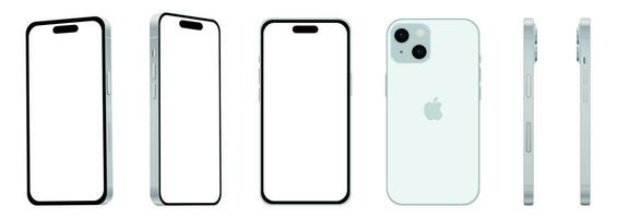 Set of 6 pieces from different angles, blue Apple iPhone 15 smartphone, mockup for web design on white background vector