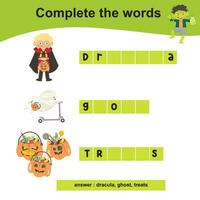 Complete the words worksheet. Write missing letters and complete words. Writing Halloween things sheet with children. Writing activity. vector