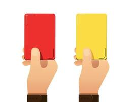 Soccer, referees hand with red and yellow card vector illustration