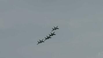 NOVOSIBIRSK, RUSSIAN FEDERATION JULY 28, 2019 - Military fighters performing aerobatic maneuvers. Airplane army. Extreme flight video