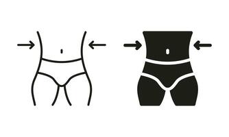 forma cintura control. masculino cuerpo adelgazar símbolo recopilación. hombre pérdida peso pictograma. adelgazar cintura línea y silueta negro icono colocar. aislado vector ilustración.