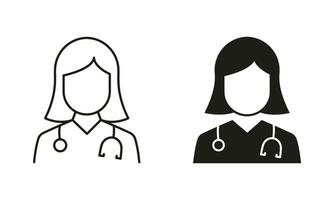 Female Physicians Specialist, Medical Assistant Pictogram. Professional Doctor with Stethoscope Line and Silhouette Black Icon Set. Nurse and Doctor Symbol Collection. Isolated Vector Illustration.