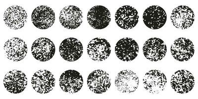 Grunge Circle Shape Set. Dirty Texture Paint Brush Collection. Black Round Stain Effect. Circular Rough Retro Ink Paintbrush. Vintage Abstract Design Element. Isolated Vector Illustration.