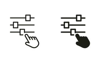 Control Panel and Pointer Line and Silhouette Icon Set. Adjustment Button with Hand Pictogram. Control Panel Sign. Multimedia Adjusting Symbol Collection. Isolated Vector Illustration.