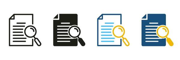 Document with Magnifying Glass Line and Silhouette Icon Set. Study and Research Symbol Collection. Contract Case Black and Color Pictogram. Application Form, Data Report. Isolated Vector Illustration.