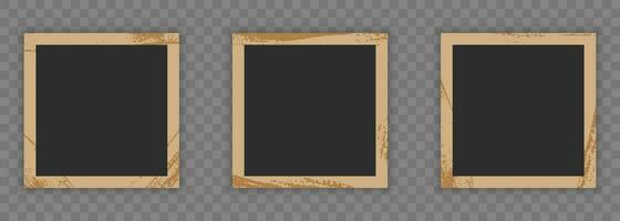 Retro Photo Paper Set In Square Shape. Blank Vintage Photo Frame On Transparent Background. Picture Photography Card Collection With Grunge Texture Border. Isolated Vector Illustration.