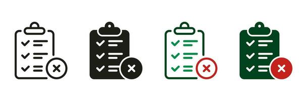 Clipboard with Cross, Delete Document Line and Silhouette Icon Set. Reject Agreement Pictogram. Wrong Checklist, Remove Data Sign. Cancel Contract Symbol Collection. Isolated Vector Illustration.