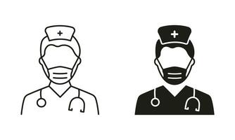 Professional Doctor in Face Mask with Stethoscope Line and Silhouette Black Icon Set. Medical Assistant, Male Physicians Specialist Symbol Collection. Isolated Vector Illustration.