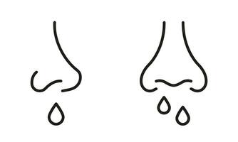 Allergy, Cold, Sinusitis Symptom, Snot Outline Pictogram Set. Runny Nose Line Black Icons. Coronavirus Symptom, Nosebleed, Nasal Mucus Linear Symbol Collection. Isolated Vector Illustration.